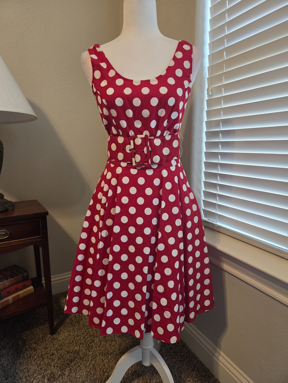 Steppin' Out Red and White Polka Dot Belted Fit-And-Flare Mini Dress